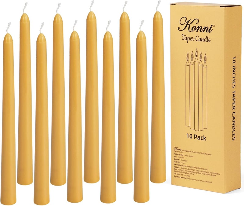 KONNI 0.87×10 Inch Wax Yellow Taper Candles, Unscented and Smokeless Tall Candlesticks, 10 Pack Tapered Candles with Cotton Wicks, Long Burning, Ideal for Weddings, Dinner Parties, and Home Décor - Image 1